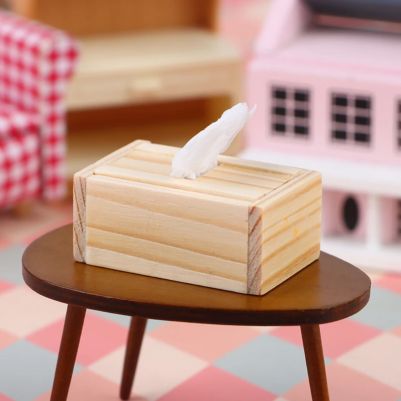 1/12 Dollhouse дървени мини тъкан кутия тъкан прахоустойчив държач за съхранение модел кукли къща мебели хол хартия кърпа кутия