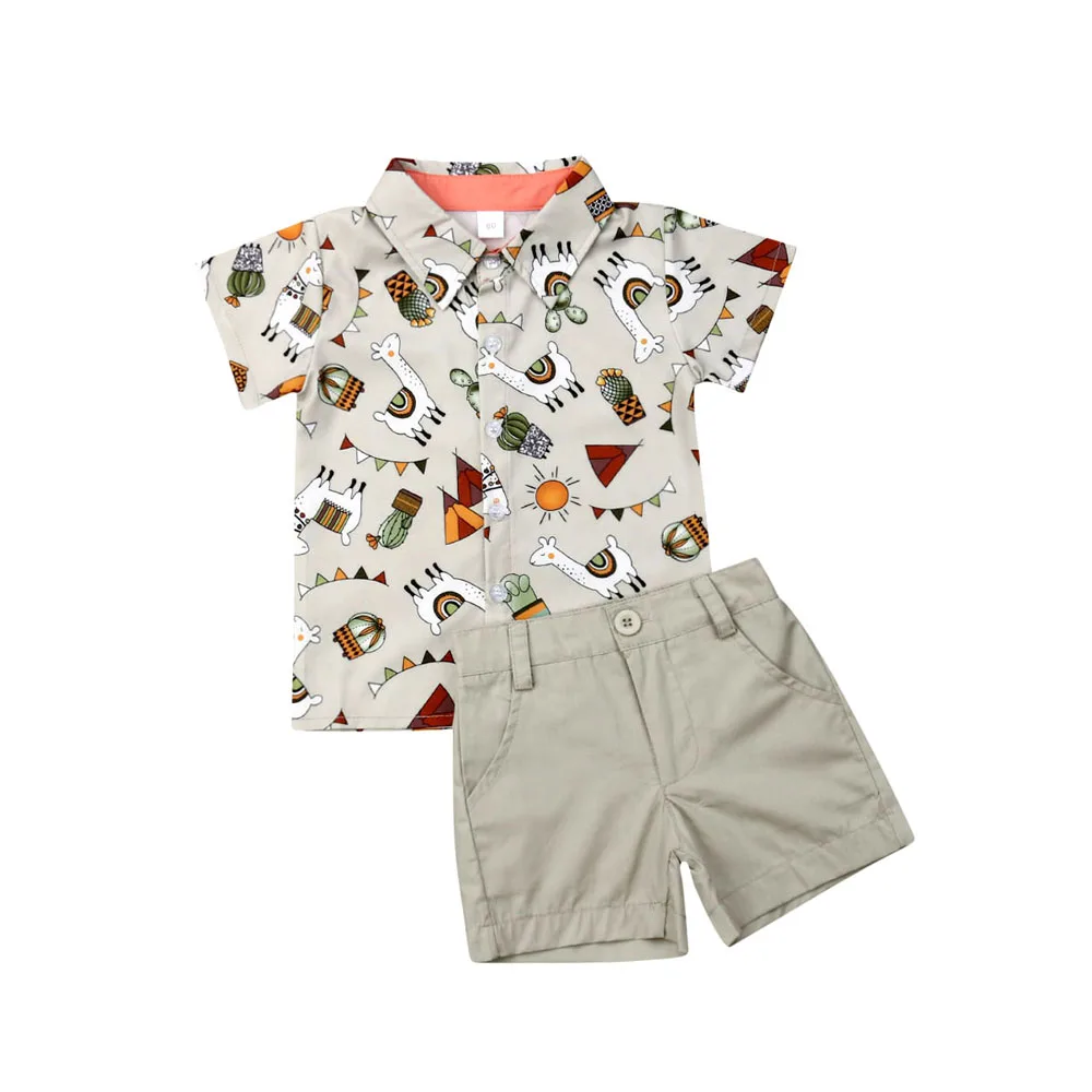 1-5Y Summer Baby Boy Cartoon Print Shirt Tops + Pants Gentleman Outfits Детски дрехи Комплект за малки деца 2PCS