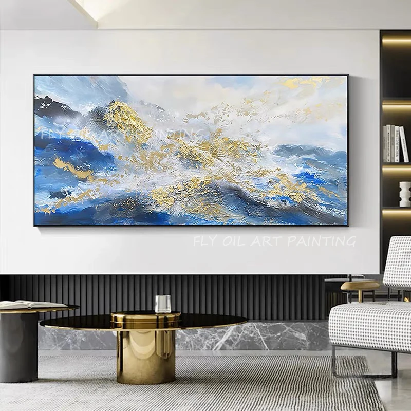 100% Ръчно изработено златно фолио голям размер картина океански морски пейзаж текстура маслена живопис веранда пътека декорация като подарък