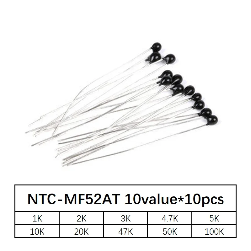100pcs = 10value * 10pcs NTC термисторен резистор комплект NTC-MF52AT 1K 2K 3K 4.7K 5K 10K 20K 47K 50K 100K +-5% 3950B