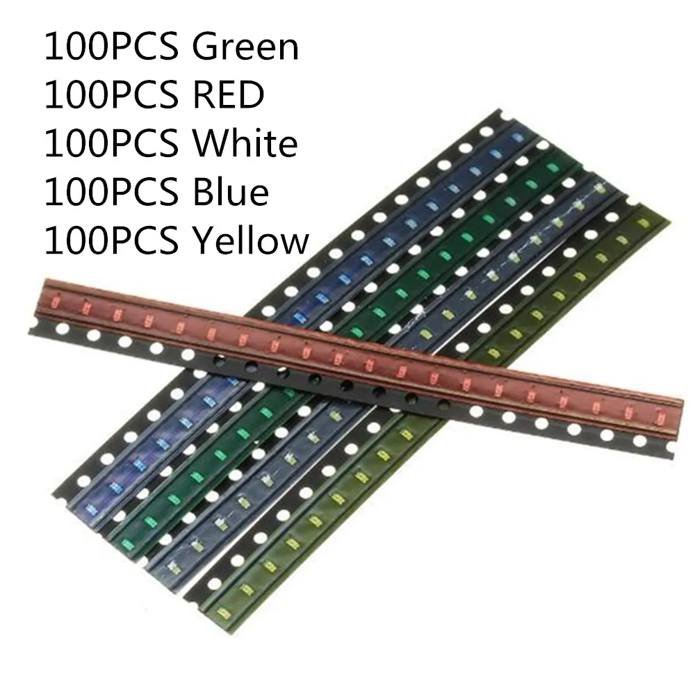 100PCS*5 цвята 0603 LED диоден асортимент SMD LED диоден комплект зелен/червен/бял/син/жълт