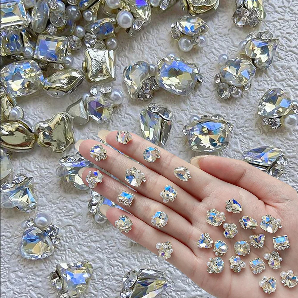 10Pcs лунна светлина бяло сърце кристал купчина диамант кристал кристал 3D метални нокти сексапил японски скъпоценни камъни инкрустирани перла сплав нокти части%