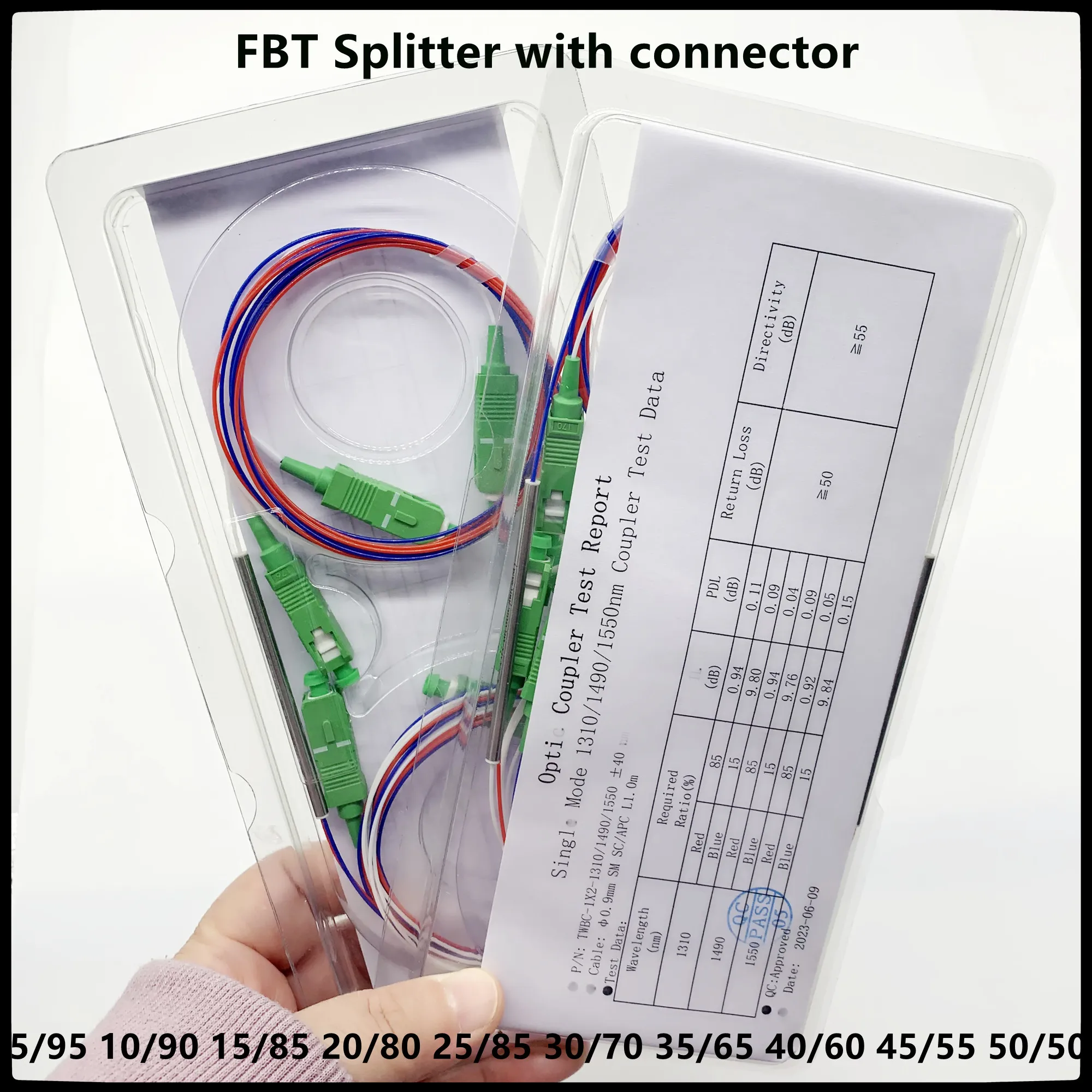 10pcs оптичен FBT сплитер SC APC 1x2 0.9mm с конектор небалансиран съединител 5/95 10/90 20/80 40/60 опционално съотношение на разделяне