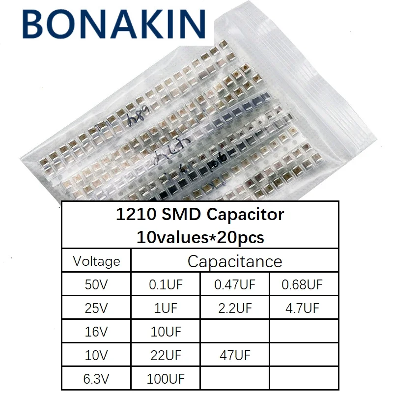  1210 SMD кондензатор асорти комплект, 10values * 20pcs = 200pcs 100nF ~ 100uF проби комплект електронни DIY комплект