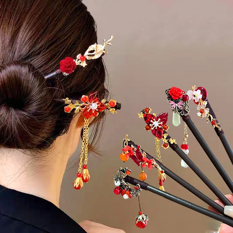 1PC Нова година цвете фен фиба пискюл реколта коса стик декорация елегантни подаръци стилен пролетен фестивал китайски стил