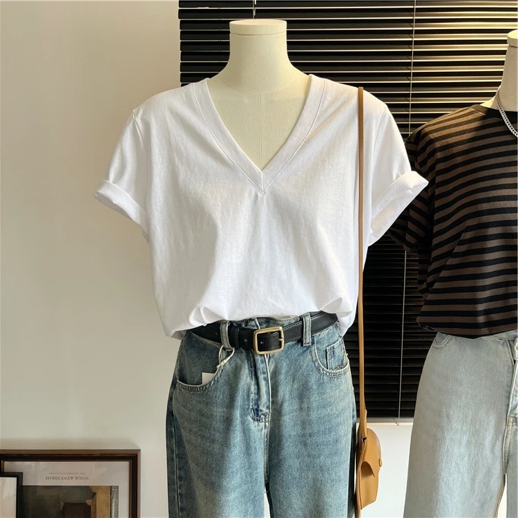 2023 Нова дамска бяла памучна тениска V-образно деколте с къс ръкав Loose Casual Плътен цвят All-match Simple Basic Office Ladies Top