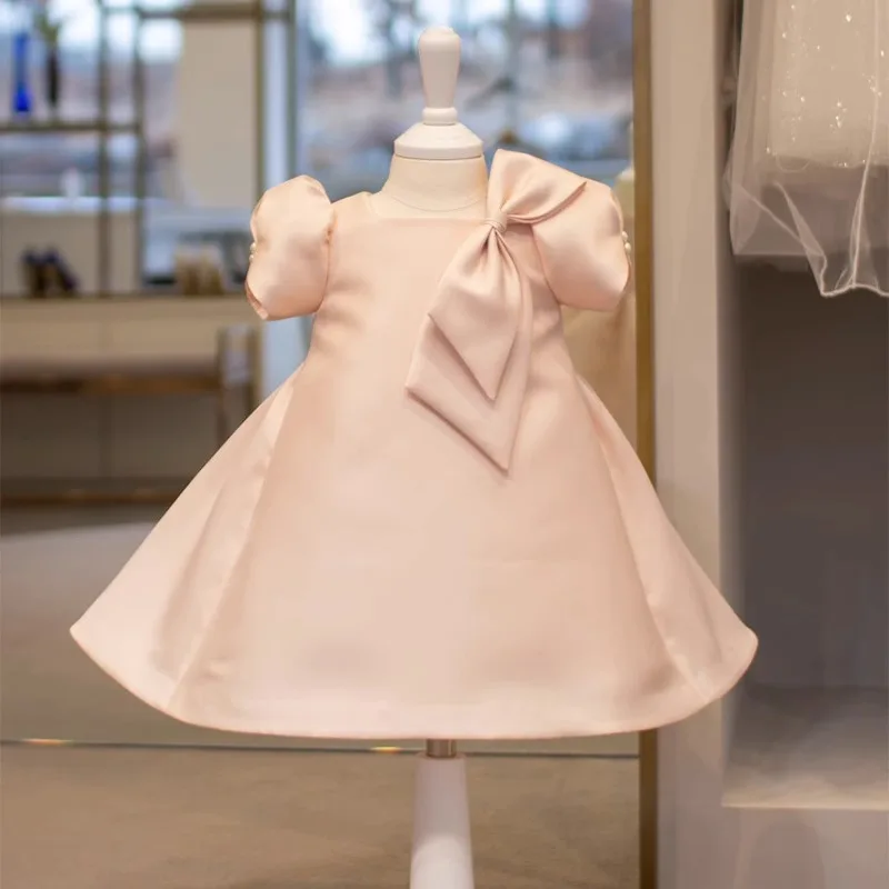 2024 Първи рожден ден принцеса парти рокля за бебе момичета Детски голям лък цвете момиче рокли за сватби Малки деца Розови рокли