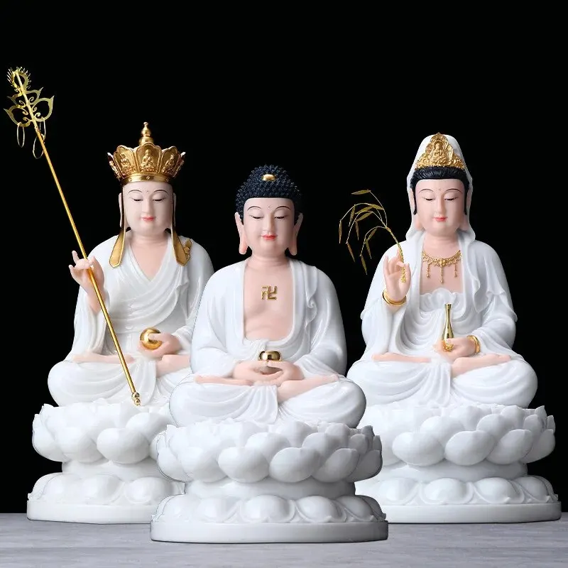 3P Висок клас нефрит XI FANG SANSHENG Статуя на Буда Амитабха Гуанин кситигарбха бодхисатва НАЧАЛО светилище декор поклонение защита