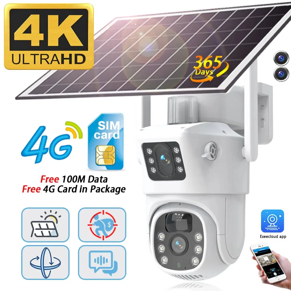 4K 4G безжична IP камера Външни камери за батерии със слънчев панел Автоматично проследяване Цветно нощно виждане 8MP видео наблюдение Cam PTZ