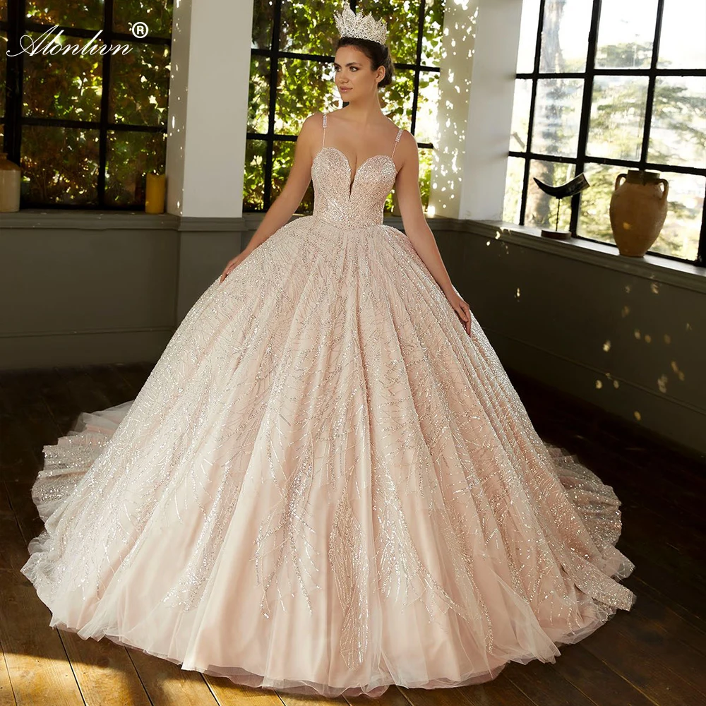 Alonlivn спагети презрамки топка рокля сватбена рокля луксозни мъниста бродерия дантела Vestido de Noiva скъпа булчински поли