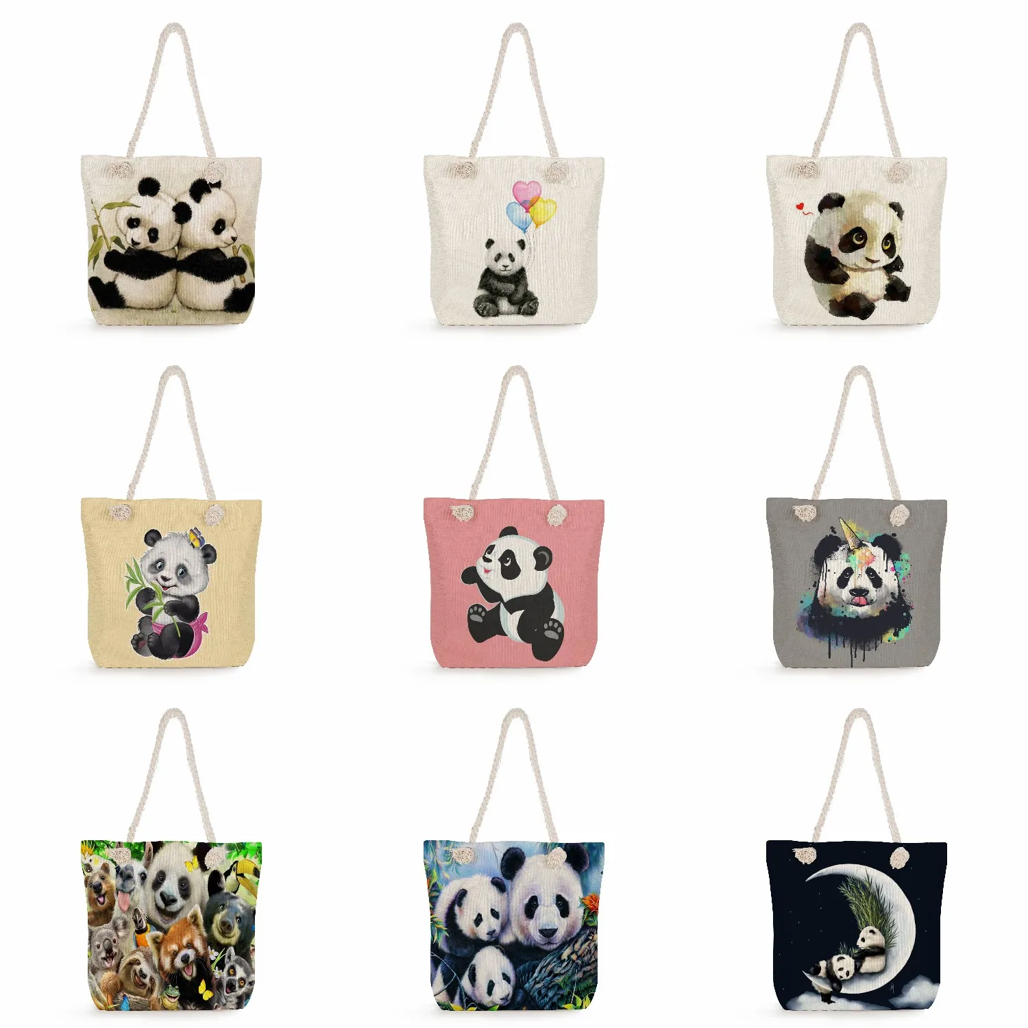 Animal Linen Shopper Shoulder Bag Classic Style Thick Rope Tote Foldable Cute Panda Casual Reusable Portable Ladies Handbag