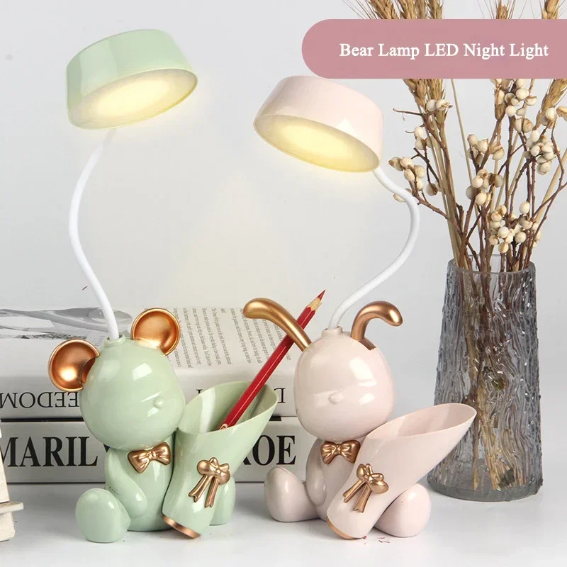 Bear лампа LED нощна светлина USB акумулаторна защита на очите сладък ABS многофункционална маса бюро осветление с писалка титуляр