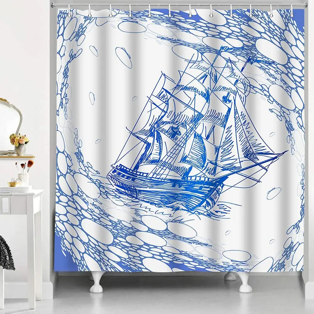 Blue морска платноходка душ завеса монохромен дизайн ретро лек водоустойчив плесен устойчиви душ завеса