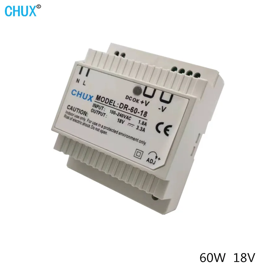 CHUX Din шина тип превключване захранване 18V 60W DR60W 3.3A единични изходни LED захранвания за индустриален трансформатор