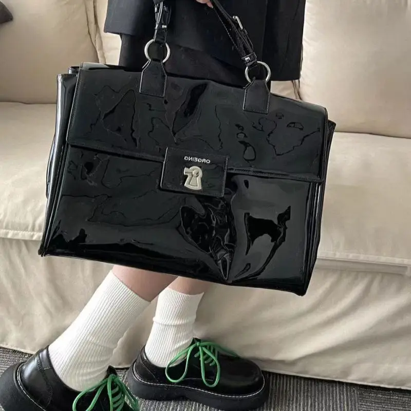 Cool черна лачена кожена куфарче чанта за жени голям капацитет офис дама бизнес пътник чанта женски рамо чанта книга чанти