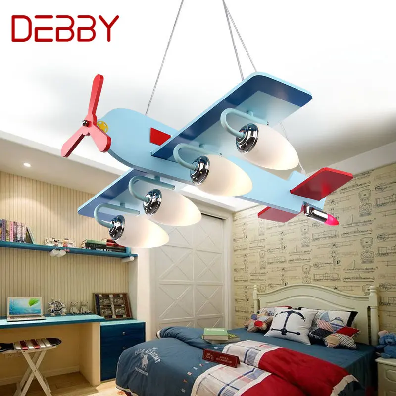 DEBBY Детски самолет висулка лампа реколта LED модерен творчески синьо карикатура светлина за декор деца спалня детска градина