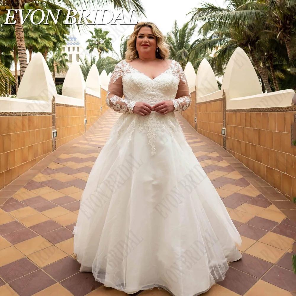 EVON BRIDAL Елегантни плюс размер сватбени рокли за булчински дълги ръкави булчински рокли A-Line Applique vestidos de novia talla grande