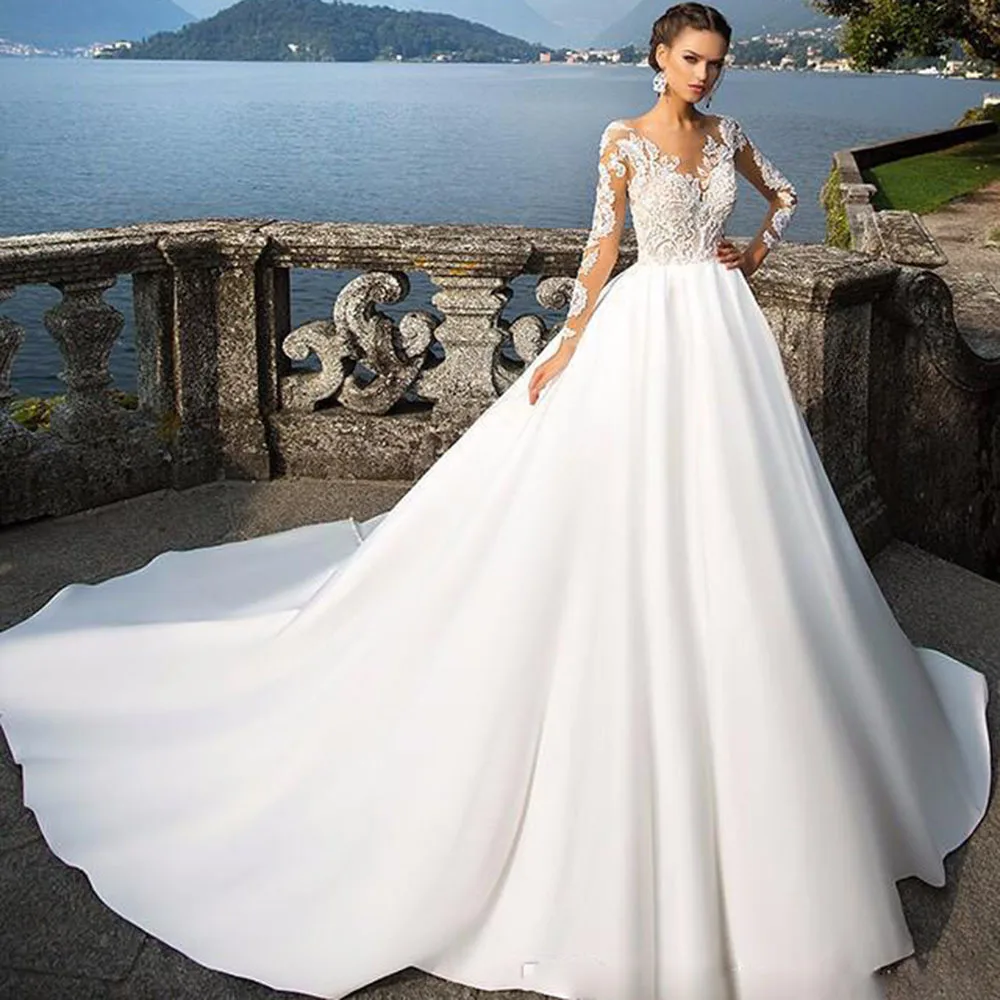 Fansmile Vestido de Noiva пълен ръкав дантела топка рокля сватбени рокли 2023 Влак плюс размер булчински тюл Mariage FSM-318T