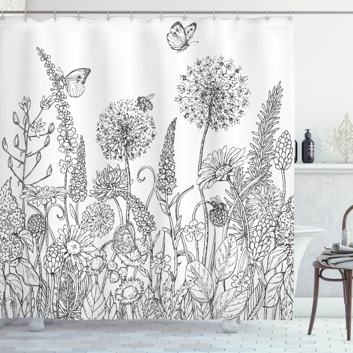 Flower душ завеси ръчно рисувани черно бели растения флорални глухарче пеперуда листа отпечатъци баня декор плат завеси