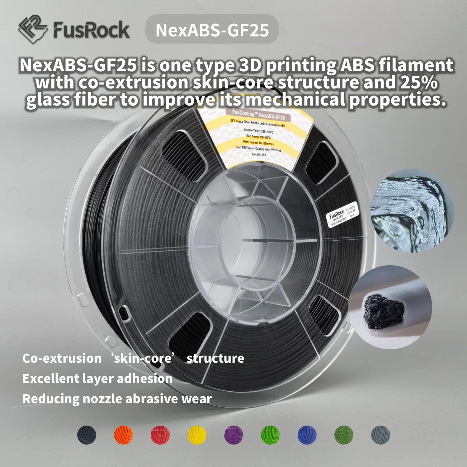 FUSROCK стъклени влакна ABS нишки 1.75mm, ABS-GF25 3D принтер нишки годни повечето FDM 3D принтери, матирано текстура, високо