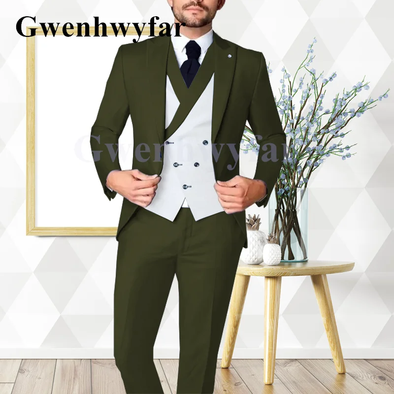 Gwenhwyfar 2023 Нов стил красив мъжки връх ревери армия зелен костюм яке мода сватба младоженец парти 3-парче смокинг