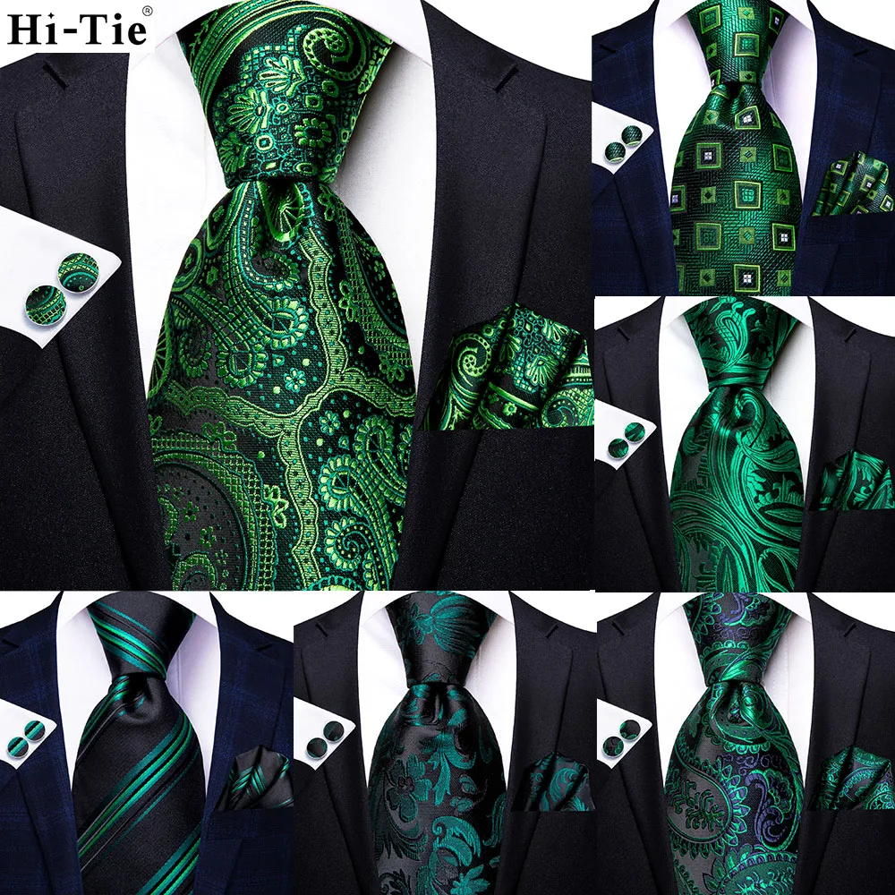 Hi-Tie Green Teal Mens Paisley Tie Floral Silk Wedding Necktie Pocket Square Set Party Business Fashion Designer Dropshipping