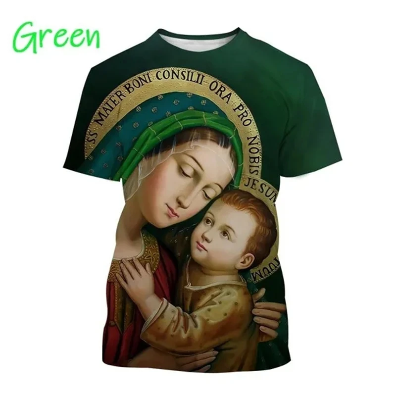 Hot New Virginmary 3D печатни тениска християнството вяра O врата къс ръкав майка на Исус модел случайни върховете за мъже жени