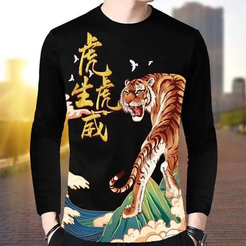 Hot продажба китайски стил 3D тигър печат дълъг ръкав тениска случайни хлабав всички мач кръг врата тигър тениска мода