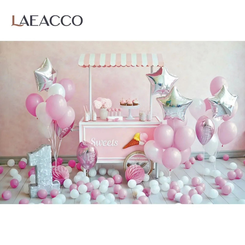 Laeacco 1-ви рожден ден Предистория за фотография Балони Десерт сладолед количка бебе снимка фон Photocall фото студио