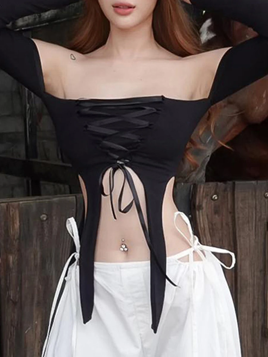 Louatui Дамска тениска Дълъг ръкав Off-рамо върховете Backless Tie-up Нередовни Slim Fit Fall Tops