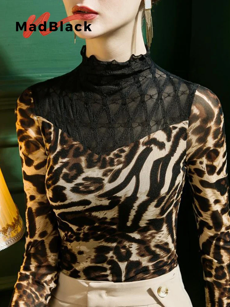 MadBlack Нова есен Европейски дрехи тениски жени секси половина Поло тънък леопард окото върховете дълъг ръкав еластични тениски T36510JC