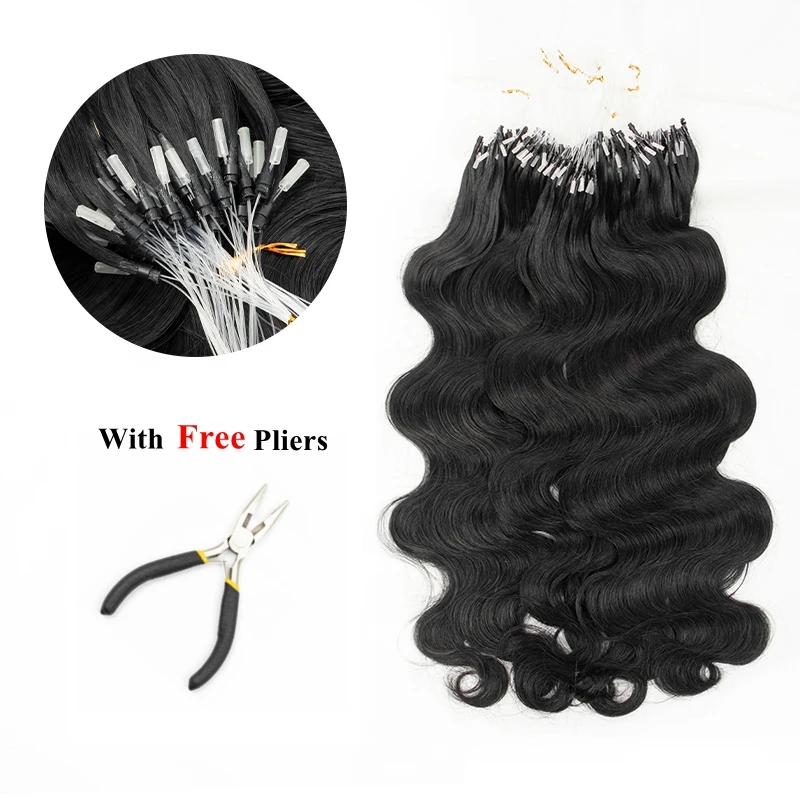 MRS HAIR Body Wave Micro Loop Разширения за човешка коса Remy Microring Разширения за коса с меки мъниста #1B 12-26 инча 50strands / пакет