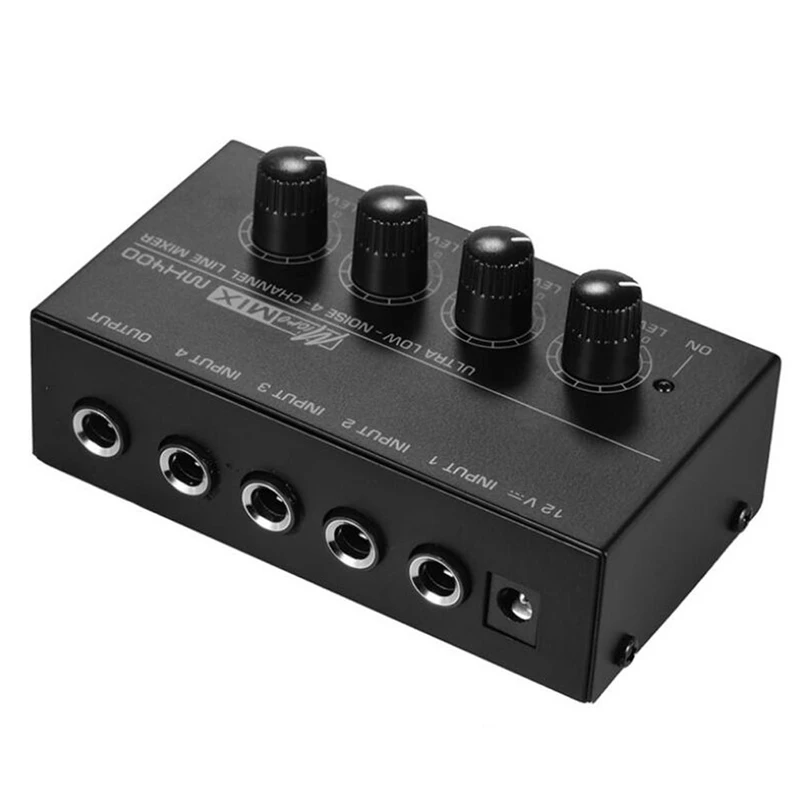 MX400 Ултра-компактен 4-канален мини към стерео усилвател за слушалки със захранващ адаптер черен, EU Plug