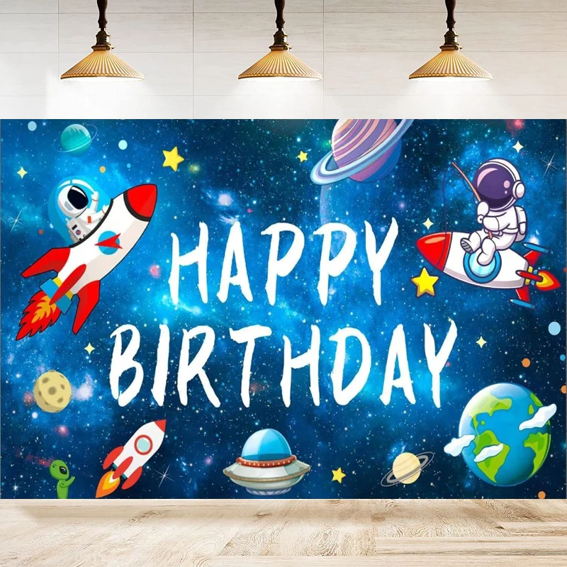 Outer Space Честит рожден ден фотография фон банер за деца бебе момчета астронавт тематични парти вселена планета фон