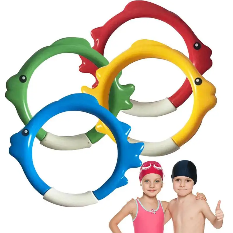 Pool пръстени Тренировъчен басейн Риба Гмуркане пръстени Плувни играчки Комплект от 4 цветни гмуркане пръстени играчки Лесен за намиране и вземете плуване