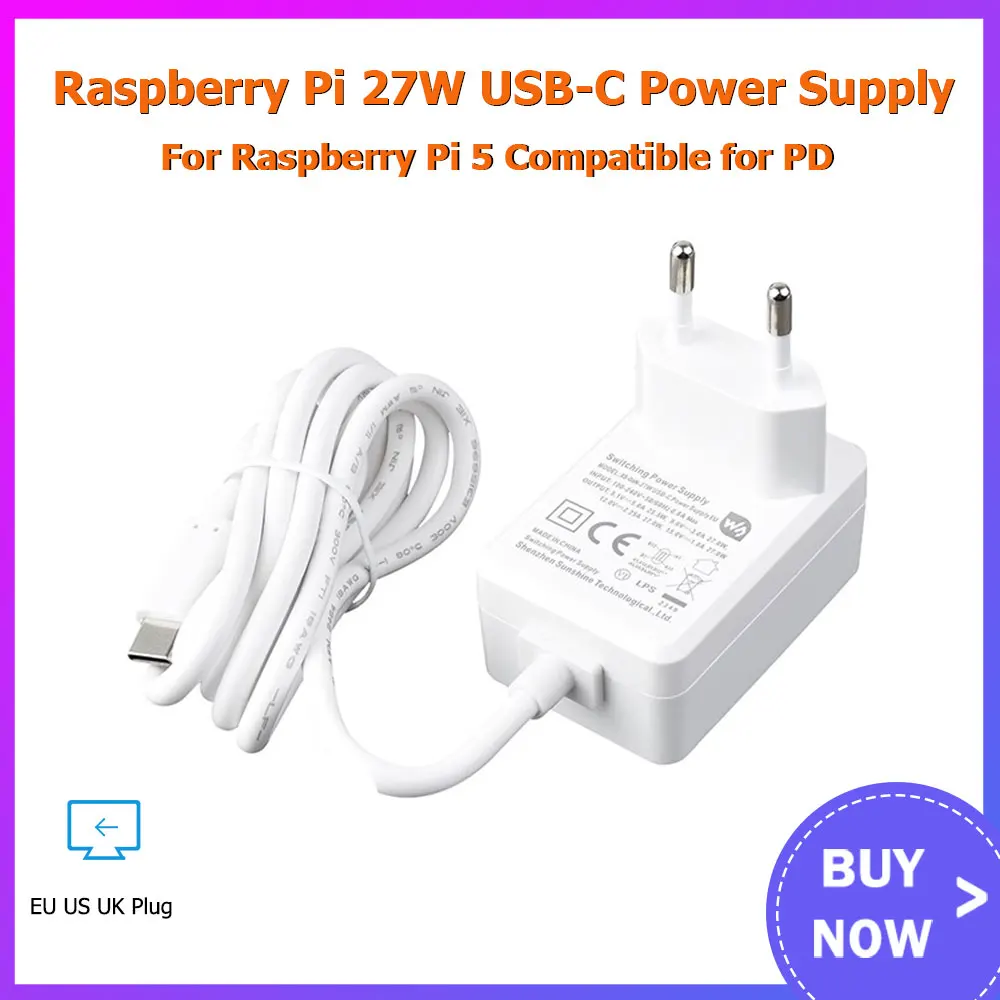 Raspberry Pi 27W USB-C Захранване 5.1V 5A Съвместим за PD зареждане EU US UK Plug за Raspberry Pi 5 / 4B RPI 5