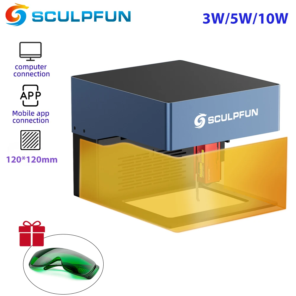 Sculpfun iCube 3W 5W 10W лазерен гравьор Преносима CNC лазерна машина за рязане с температура на димния филтър 130x130mm Работна площ