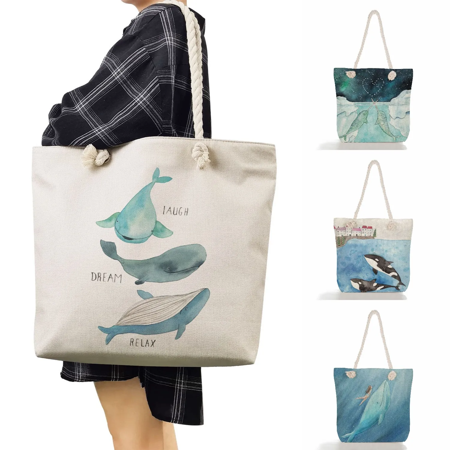 Sea Series чанта за рамо сладък кит момиче отпечатани чанти бельо жени мъкна висок капацитет пътуване плажни чанти нов еко пазарска чанта