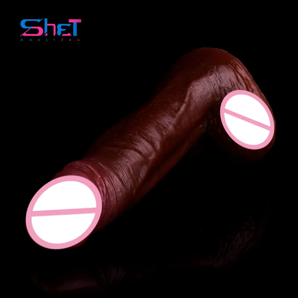 SHET Истинска силиконова кожа Усещане Dildo Черно с издънка Вагинална анална стимулация Мастурбатори Секс Tooys за жени Мъже Лесбийки 18