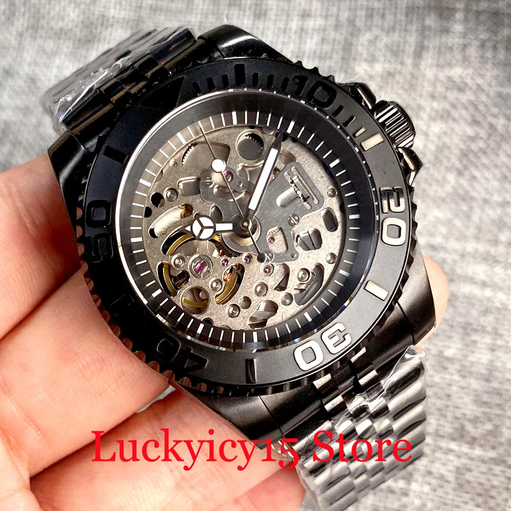 Tandorio черен PVD калъф керамичен панел 40MM NH70A Автоматичен механичен мъжки часовник Светещ ръчен сапфирен стъклен стоманен матиран каишка