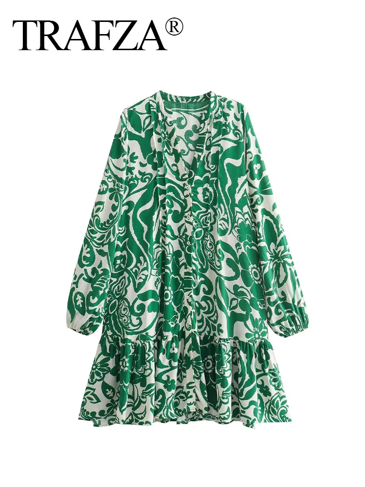 TRAFZA Летни модни мини рокли за жени 2023 Зелен печат V-образно деколте с дълъг ръкав Гънки Едноредни женски свободни рокли