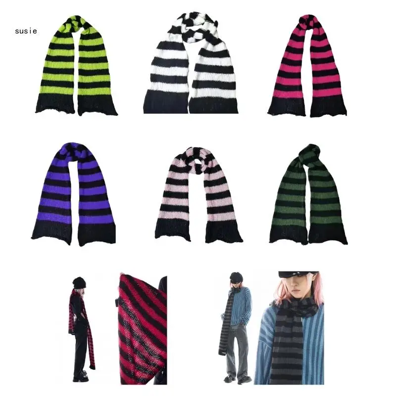 X7YA моден контрастен цвят райе шал за момичета Casual Punk Y2K шал декоративни аксесоари женски топло врата обвивка