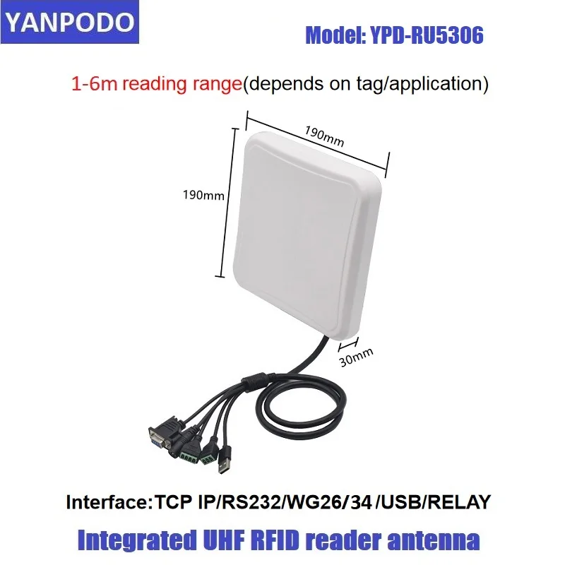 Yanpodo 5-6m Uhf Rfid Prime Reader Long Range Вградена 6dbi кръгла антена RS232 WG26 RELAY Ethernet за управление на превозни средства