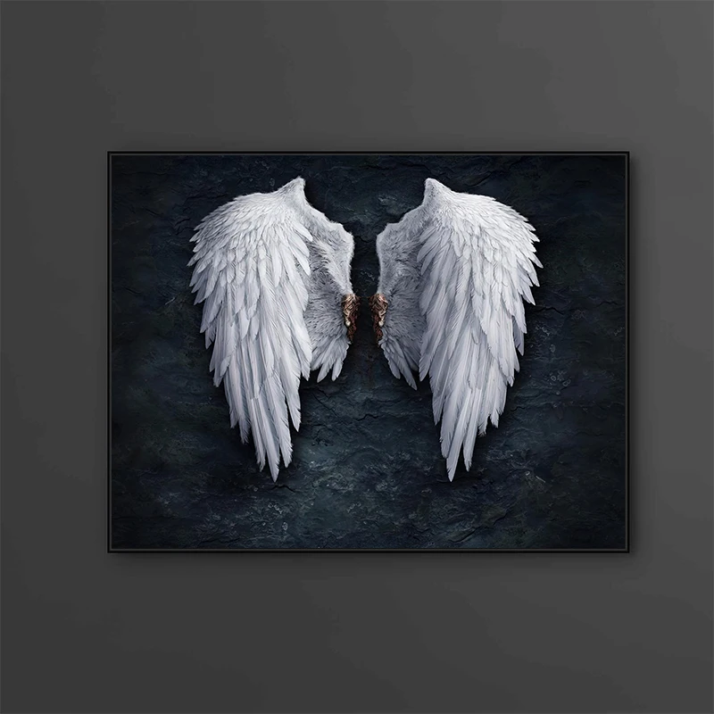 Абстрактен Бели крила Ангелско перо Плакат Отпечатъци Платно Живопис Картини за стена Подарък за спалня Всекидневна Декорация на дома