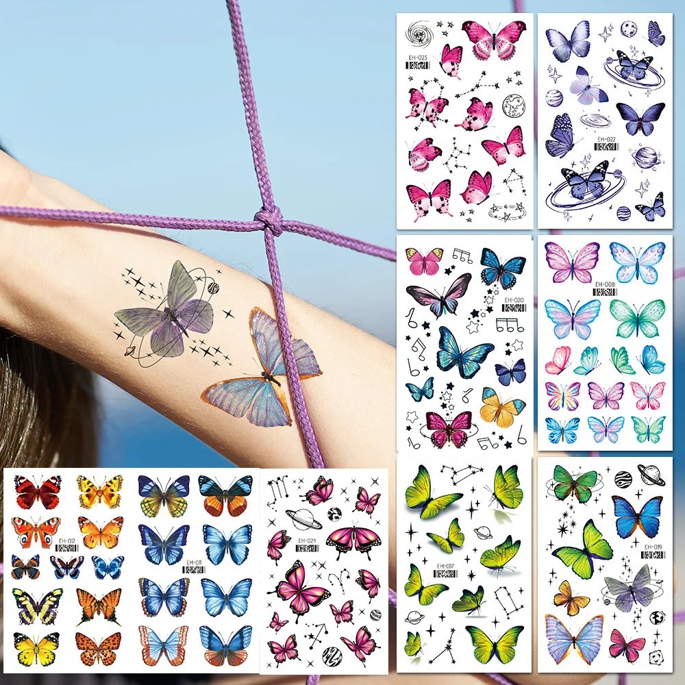 Водоустойчиви стикери за татуировки Пеперуда временни татуировки Цветни устойчиви на пот боди арт стикери Фестивални аксесоари Татуировки