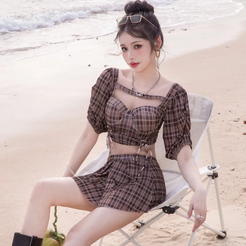 Дамски корейски стил секси превръзка за отслабване плажна рокля, волани бански костюми, едно парче бански, консервативни бикини