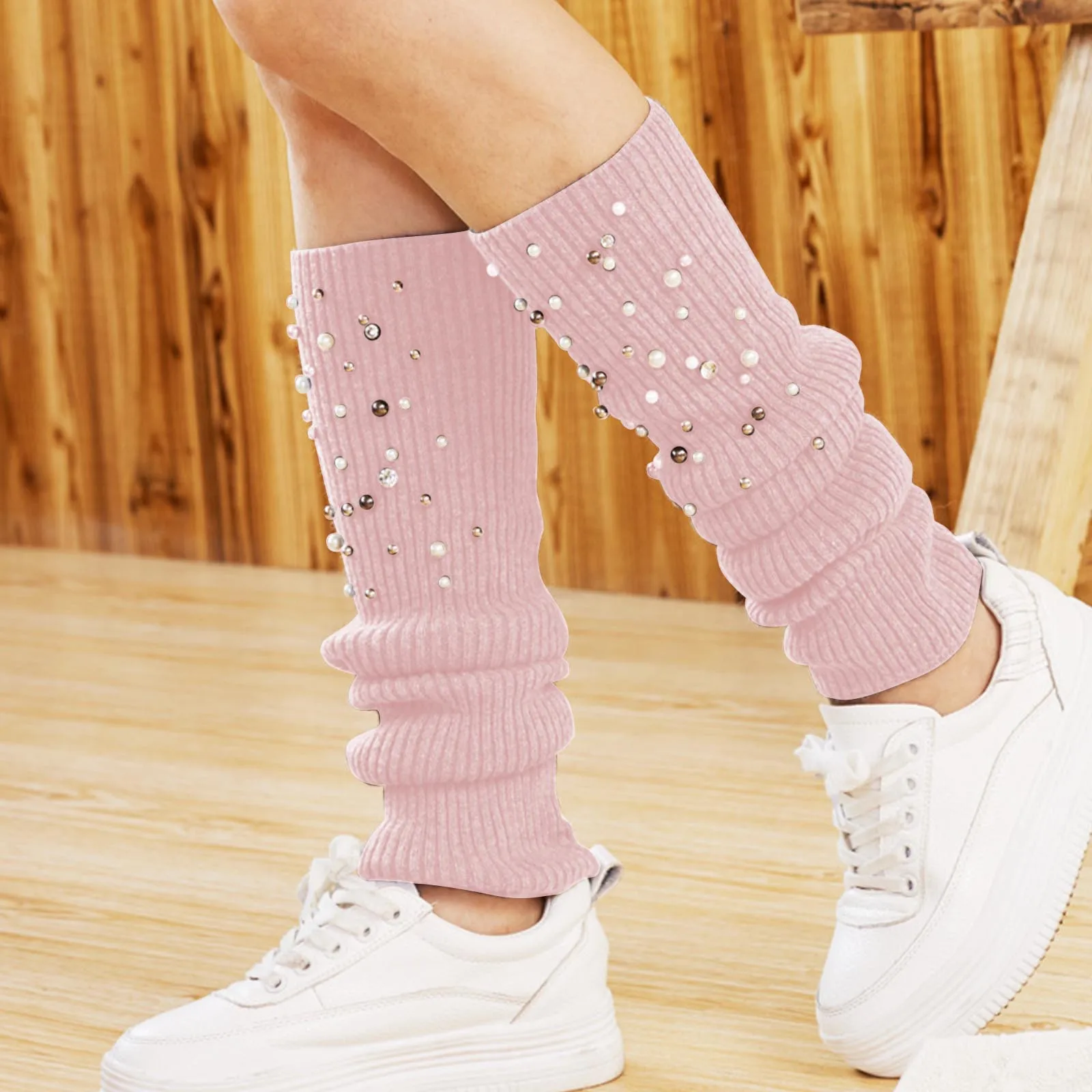 Дамски модерни над коляното топли чорапи с перли и кристали Зимна топлина плетени бедрото високи ботуши и чорапи