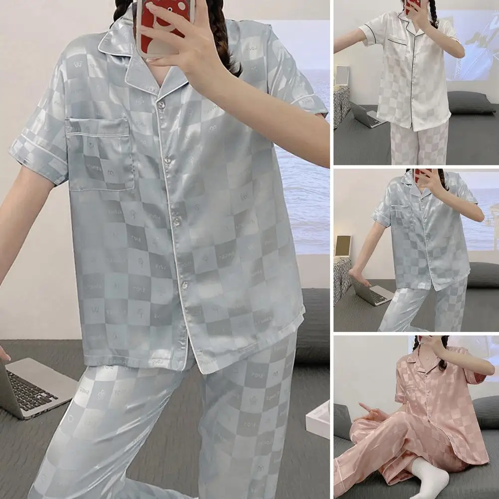 Дамски пижамен комплект копринен лед копринен кариран печат пижама комплект за жени пролетно лятно домашно облекло спално облекло с риза с къс ръкав широк