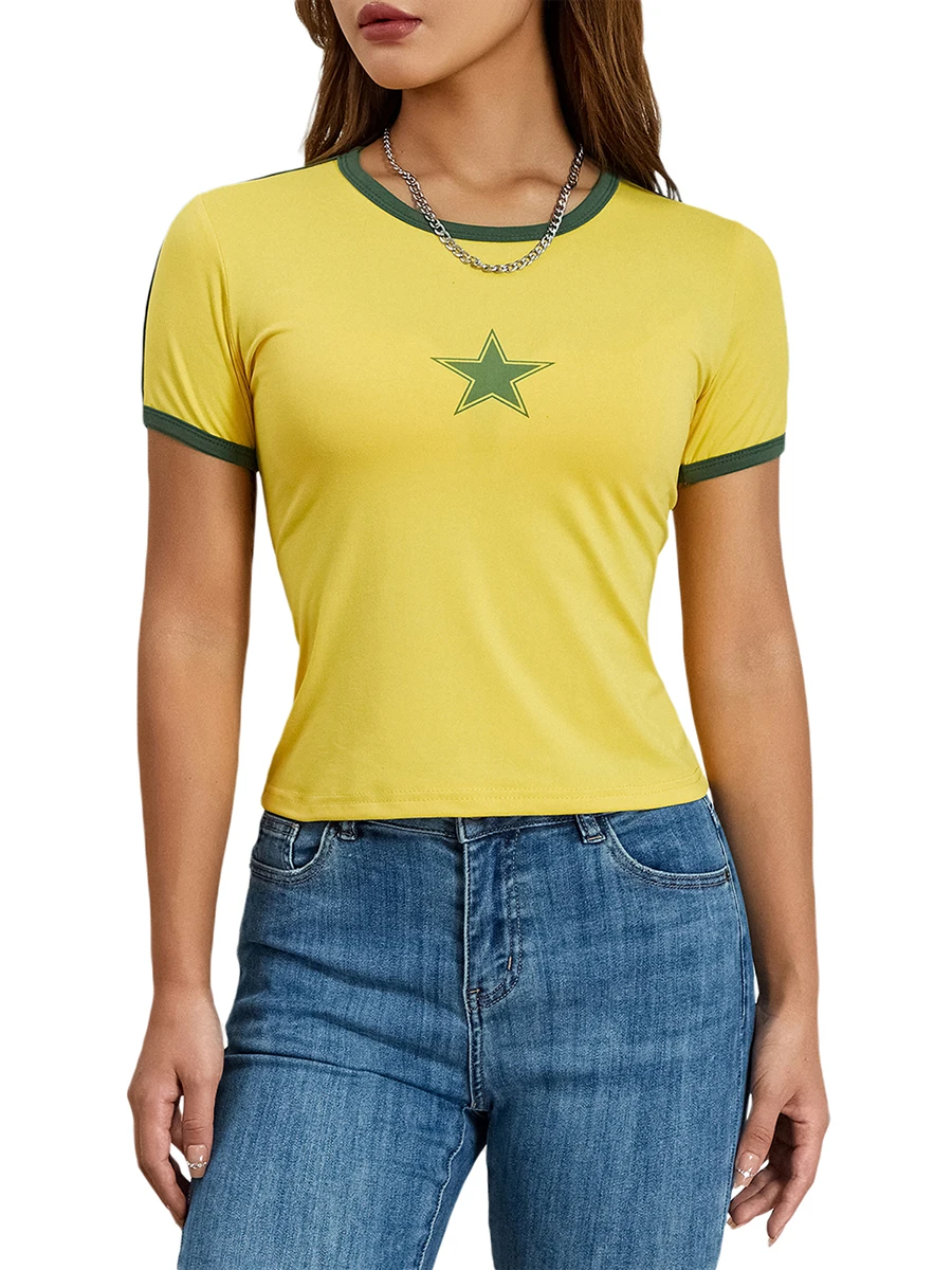 Дамски тениски с къс ръкав Звезди печат пачуърк екипажа врата ризи лято случайни тънък годни върховете улично облекло