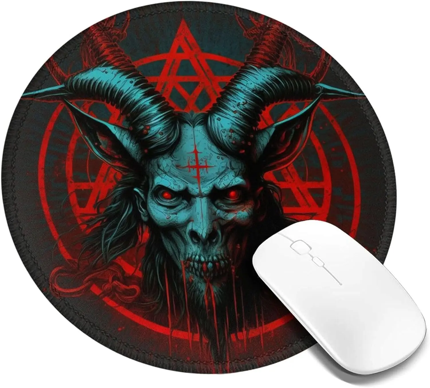 Демон Сатанинска глава на коза Пентаграм Червена кръгла подложка за мишка Неплъзгаща се гумена подложка за мишка Зашит ръб за геймърски лаптоп Офис Домашен подарък